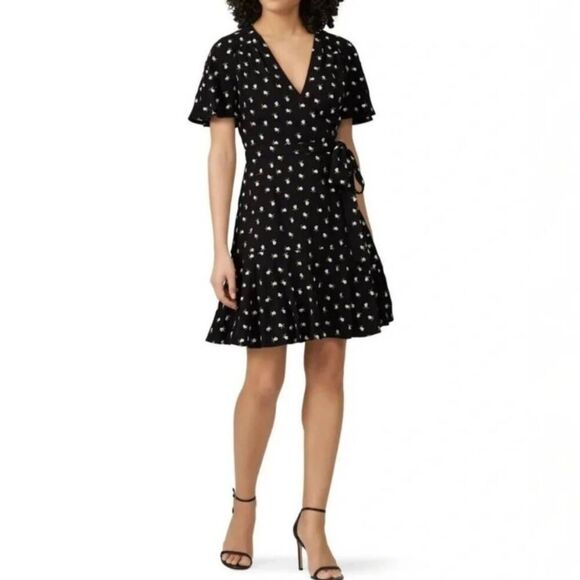 JILL STUART  Wrap Dress | Black Mini V-Neck  Floral Embroidered Size 4 Romantic - Picture 3 of 13